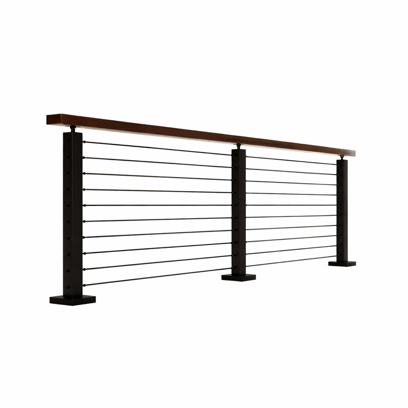 Black Metal Cable Railing – Dark Wood Top – 8’ Sections