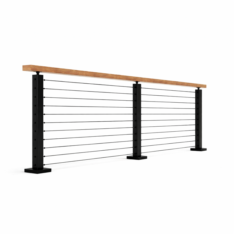 Black Metal Cable Railing – Light Wood Top – 8’ Sections
